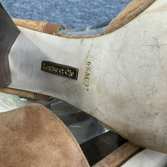 Louise Et Cie 37 /  6.5M Brown tan Suede Peep Toe Heels Ankle Strap Stacked heel - Picture 4 of 10
